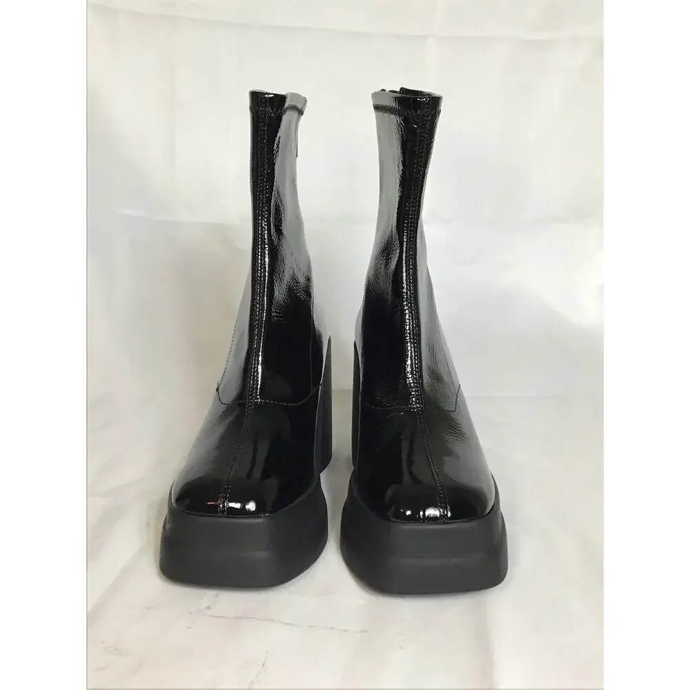 Free People Women Platform Chunky Heel Bootie Sz36 Black Patent Club Moto Shiny - Picture 5 of 9